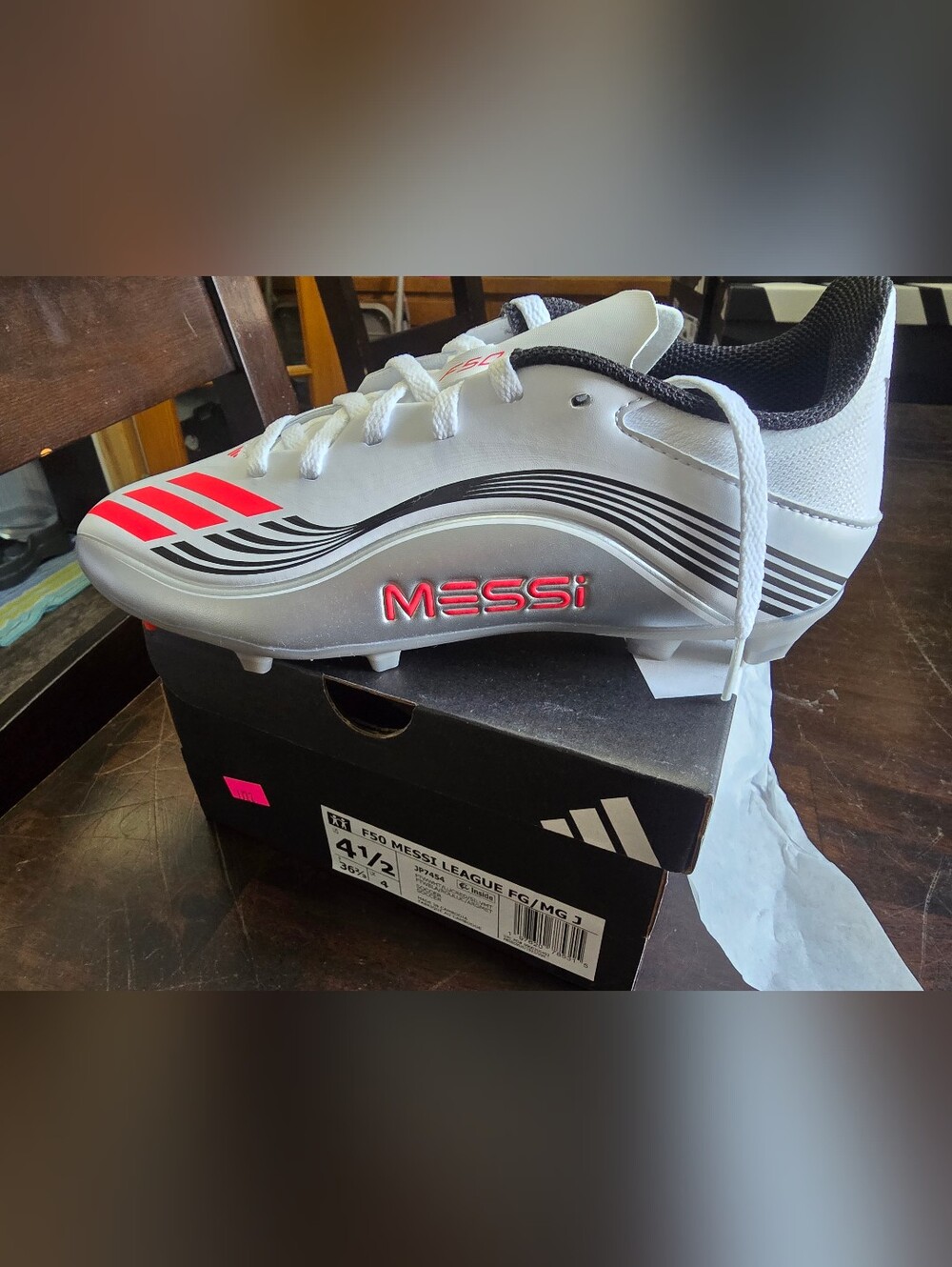 adidas Juniors White and Silver Messi Soccer Cleats with Pink Accent
